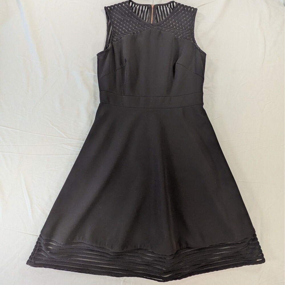Tahari Dress Womens 6 Black Mesh Ribbon Stripe Fit Flare Classic